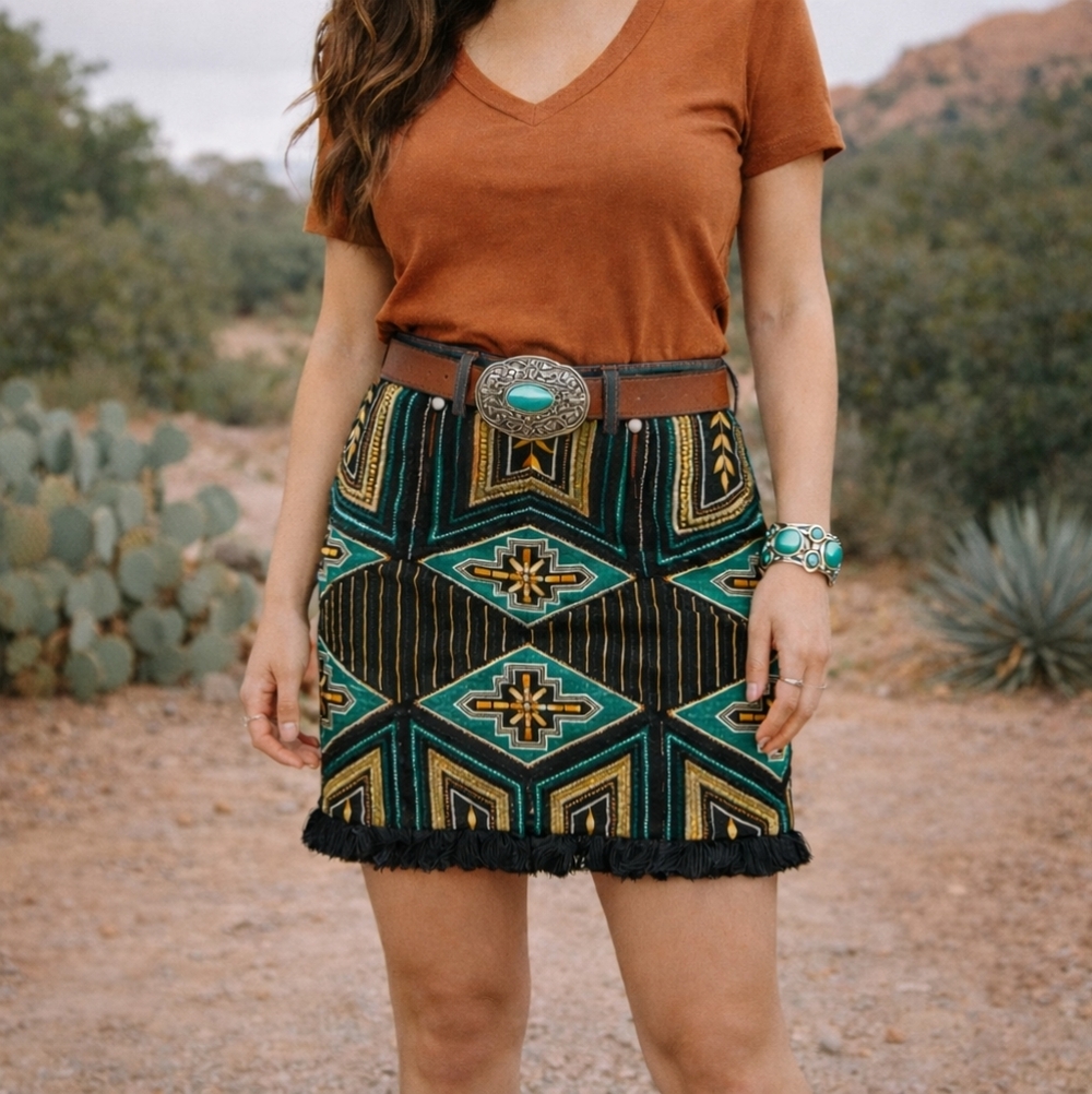 H&M Skirt Southwestern Cotton Twill 6 Fun Colorful Beaded Fringe Hem Aztec Boho
